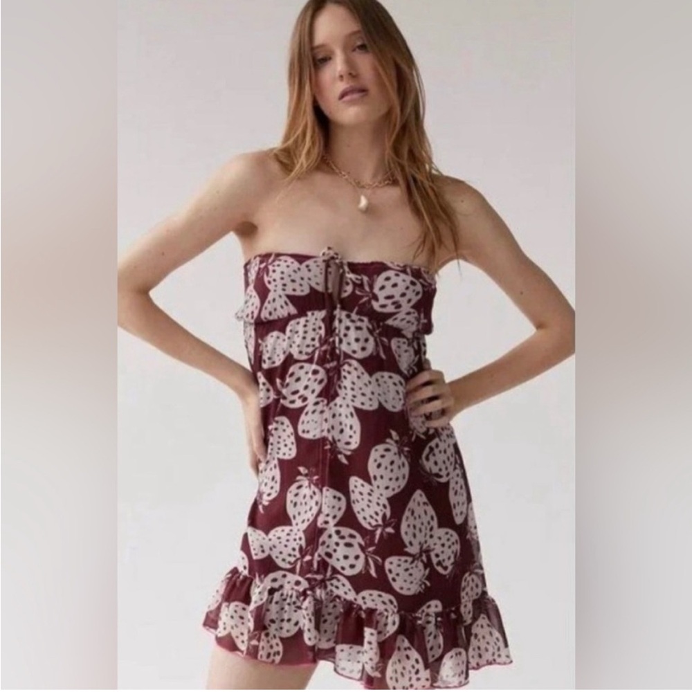 Urban Outfitters Strapless Burgundy Dress with Strawberry Print